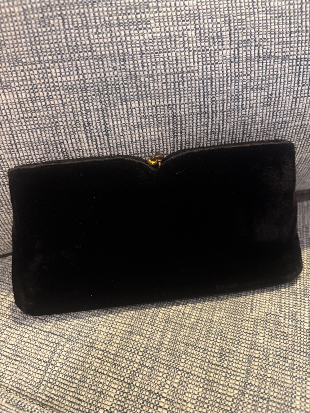 Vintage 60s 70s Black Velvet Clutch Bag with Gold Accent and Silk Interior